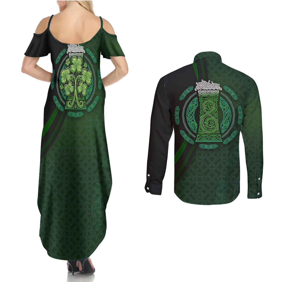 Beer Cup Pattern And Celtic Circle Green Couples Matching Summer Maxi Dress and Long Sleeve Button Shirt - Wonder Print Shop