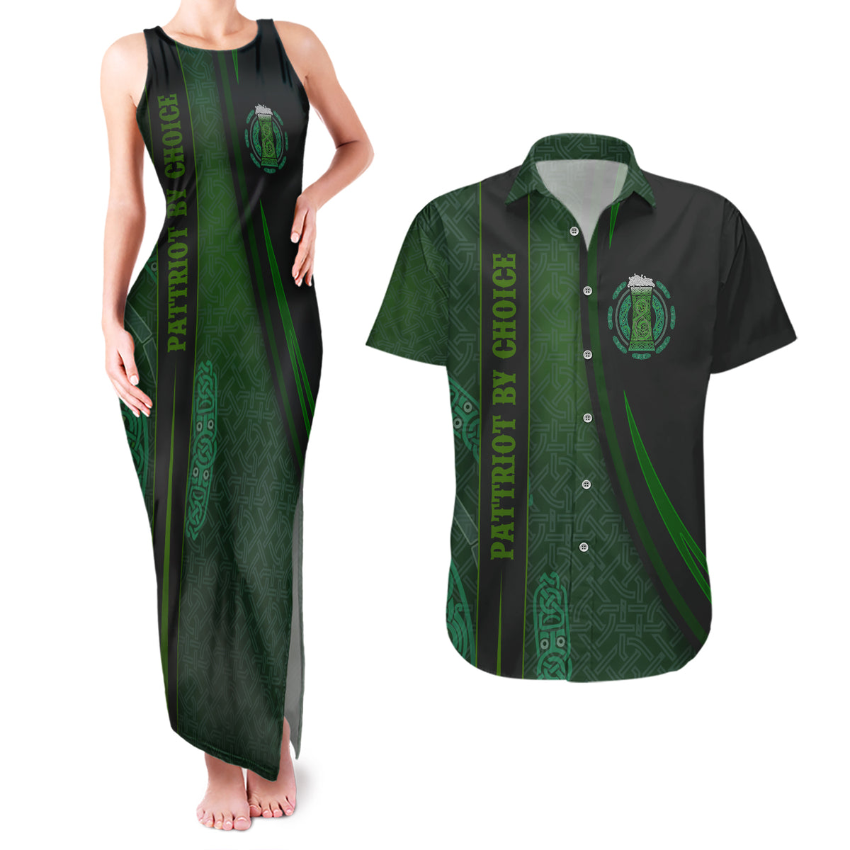 Beer Cup Pattern And Celtic Circle Green Couples Matching Tank Maxi Dress and Hawaiian Shirt - Wonder Print Shop
