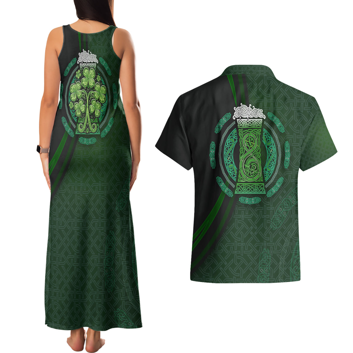 Beer Cup Pattern And Celtic Circle Green Couples Matching Tank Maxi Dress and Hawaiian Shirt - Wonder Print Shop