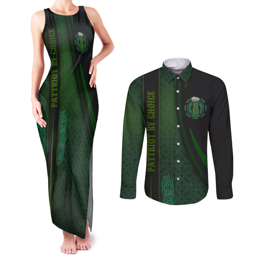 Beer Cup Pattern And Celtic Circle Green Couples Matching Tank Maxi Dress and Long Sleeve Button Shirt - Wonder Print Shop