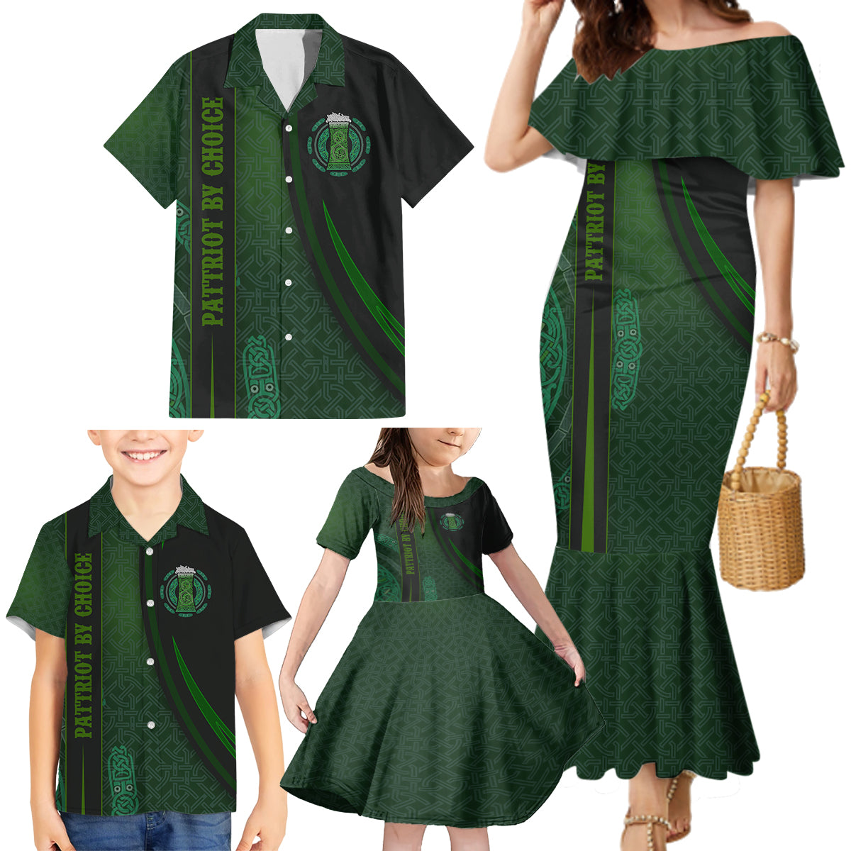 Beer Cup Pattern And Celtic Circle Green Family Matching Mermaid Dress and Hawaiian Shirt - Wonder Print Shop