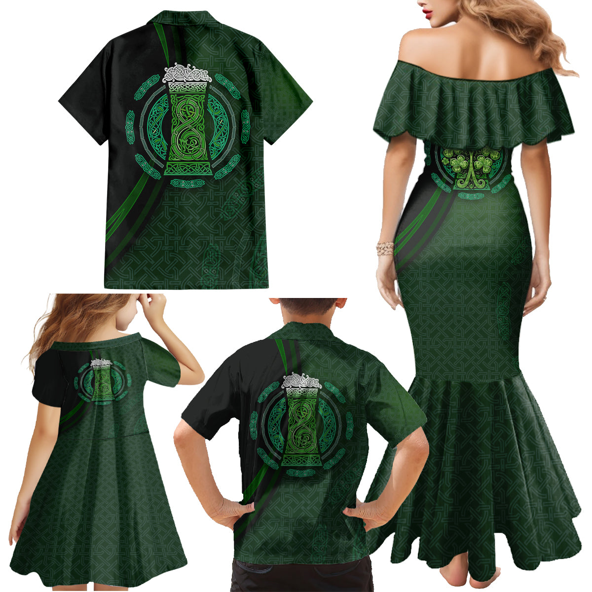 Beer Cup Pattern And Celtic Circle Green Family Matching Mermaid Dress and Hawaiian Shirt - Wonder Print Shop