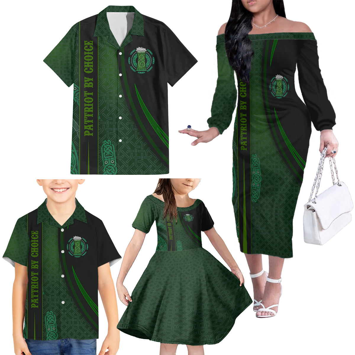 Beer Cup Pattern And Celtic Circle Green Family Matching Off Shoulder Long Sleeve Dress and Hawaiian Shirt - Wonder Print Shop