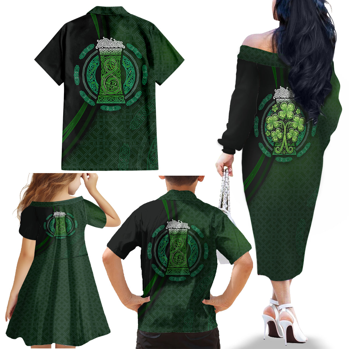 Beer Cup Pattern And Celtic Circle Green Family Matching Off Shoulder Long Sleeve Dress and Hawaiian Shirt - Wonder Print Shop