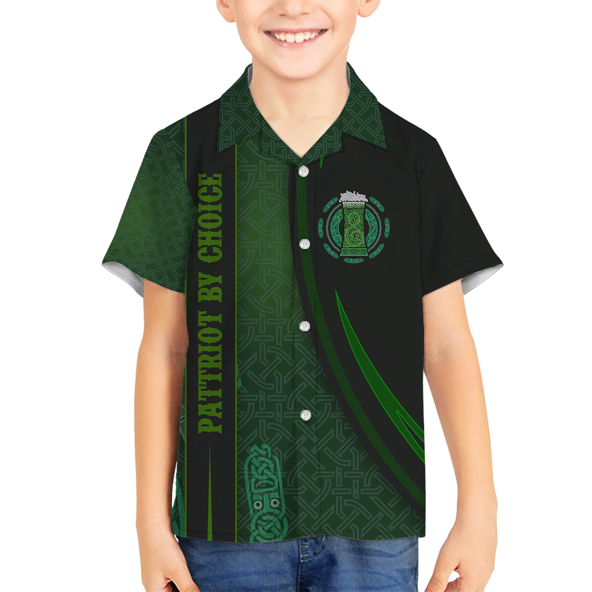 Beer Cup Pattern And Celtic Circle Green Family Matching Off Shoulder Long Sleeve Dress and Hawaiian Shirt - Wonder Print Shop