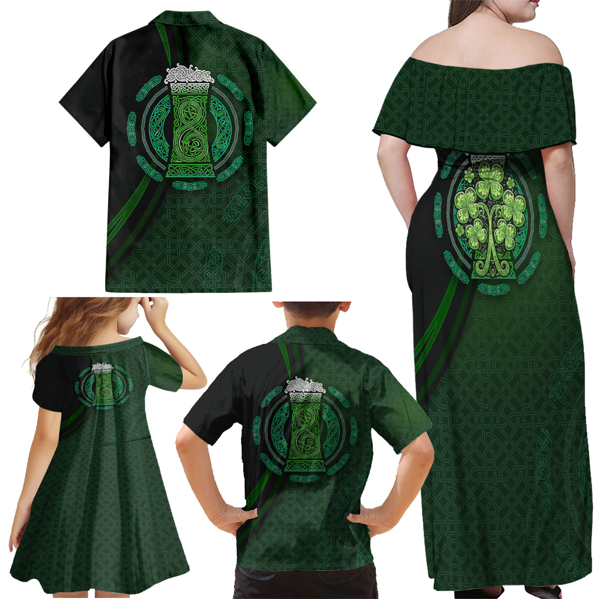 Beer Cup Pattern And Celtic Circle Green Family Matching Off Shoulder Maxi Dress and Hawaiian Shirt - Wonder Print Shop