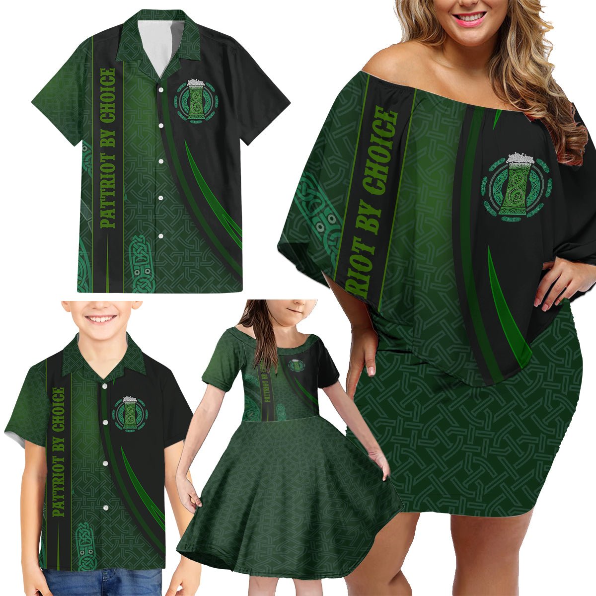 Beer Cup Pattern And Celtic Circle Green Family Matching Off Shoulder Short Dress and Hawaiian Shirt - Wonder Print Shop