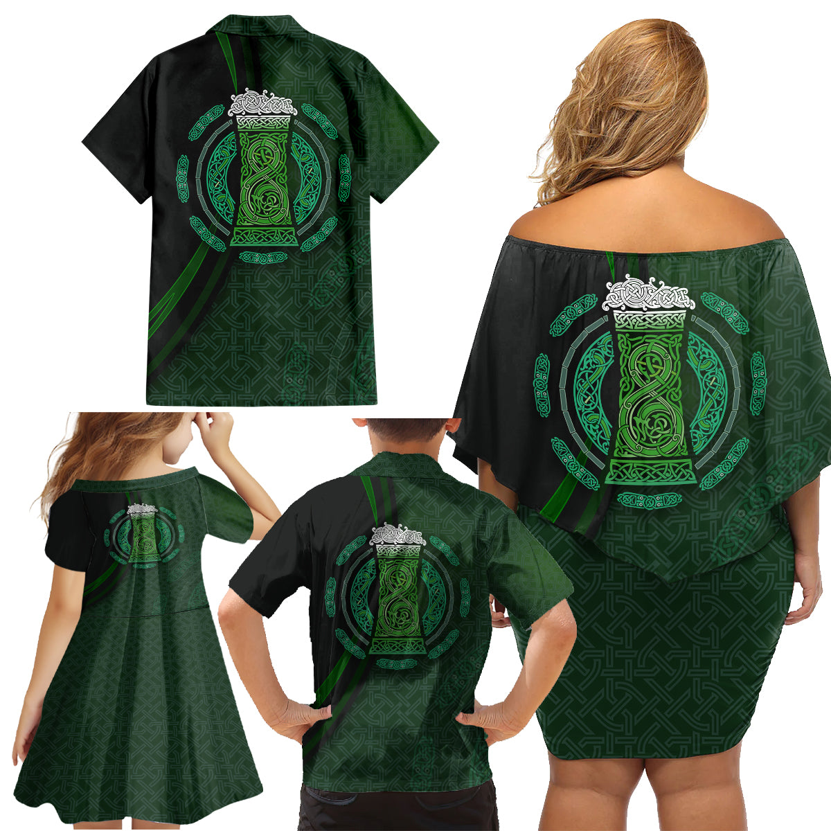 Beer Cup Pattern And Celtic Circle Green Family Matching Off Shoulder Short Dress and Hawaiian Shirt - Wonder Print Shop