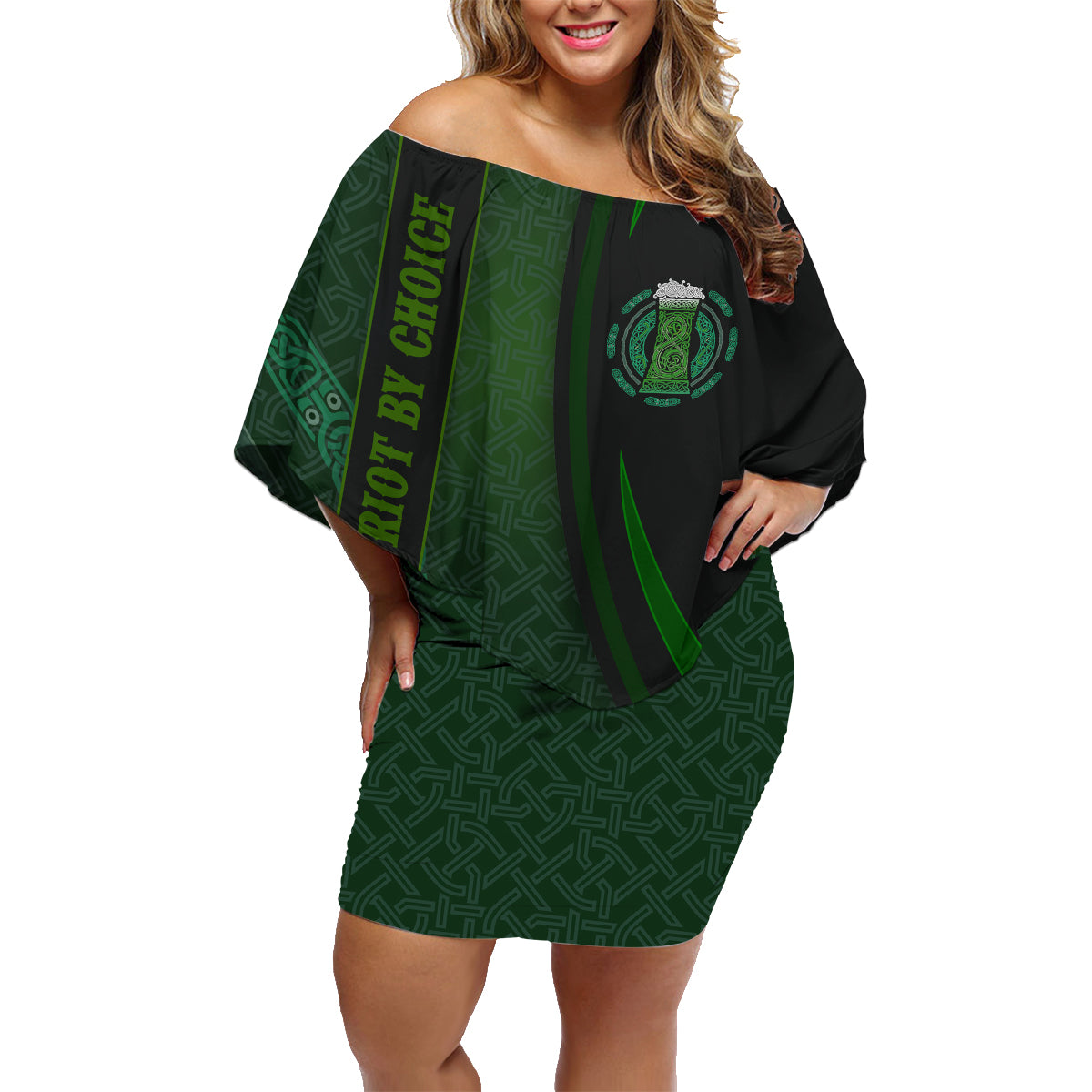 Beer Cup Pattern And Celtic Circle Green Family Matching Off Shoulder Short Dress and Hawaiian Shirt - Wonder Print Shop