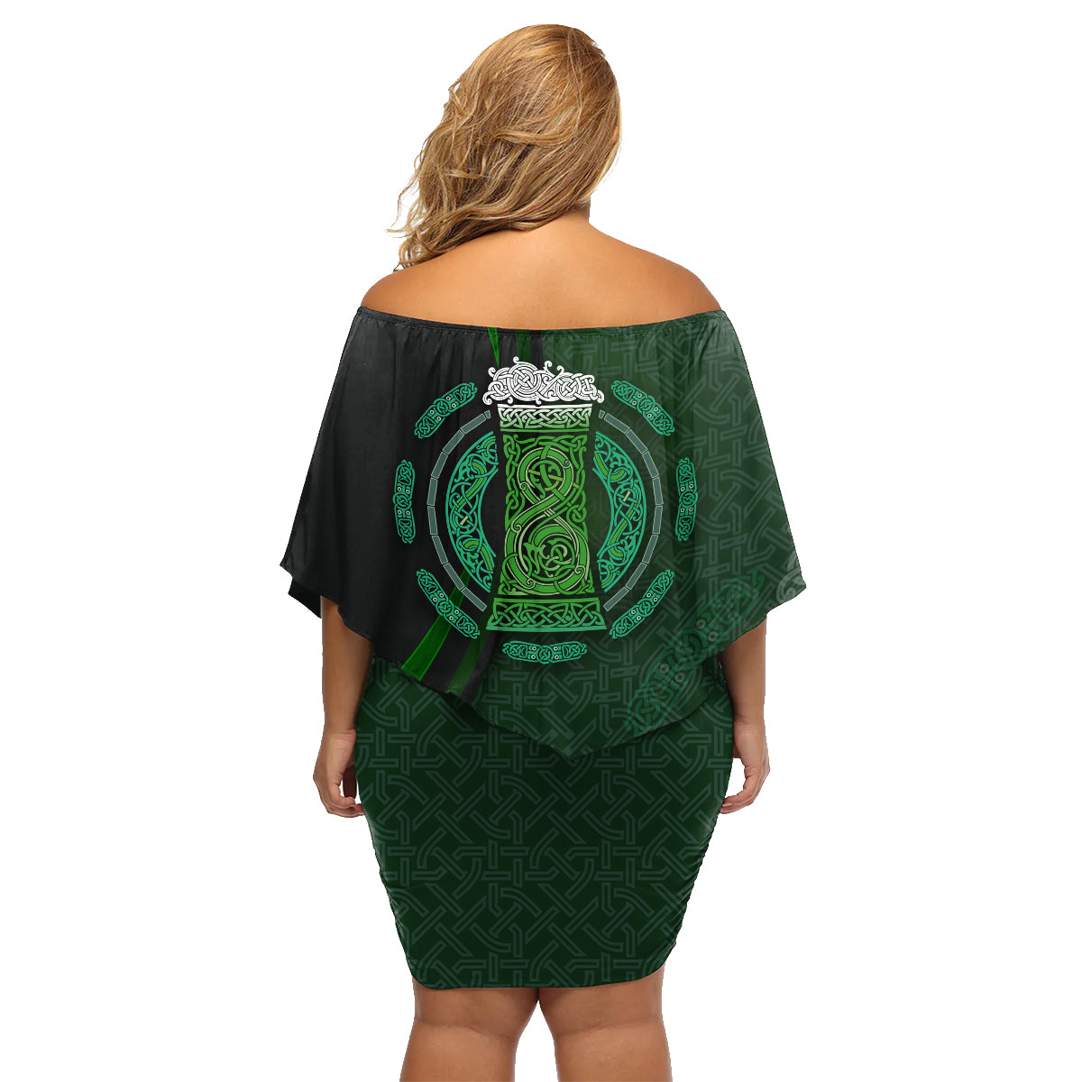 Beer Cup Pattern And Celtic Circle Green Family Matching Off Shoulder Short Dress and Hawaiian Shirt - Wonder Print Shop