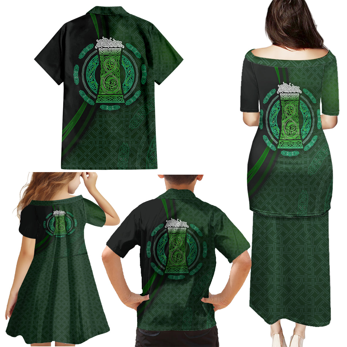 Beer Cup Pattern And Celtic Circle Green Family Matching Puletasi and Hawaiian Shirt - Wonder Print Shop