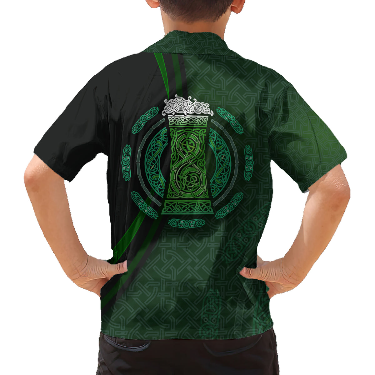 Beer Cup Pattern And Celtic Circle Green Family Matching Short Sleeve Bodycon Dress and Hawaiian Shirt - Wonder Print Shop