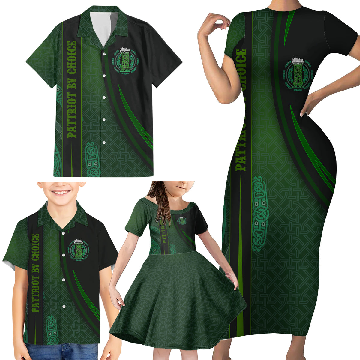 Beer Cup Pattern And Celtic Circle Green Family Matching Short Sleeve Bodycon Dress and Hawaiian Shirt - Wonder Print Shop