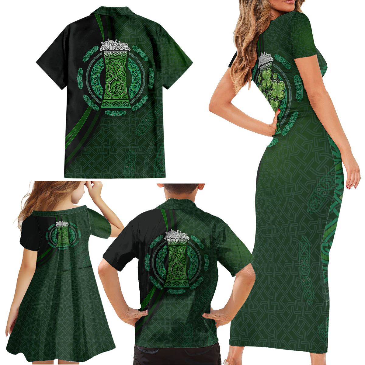 Beer Cup Pattern And Celtic Circle Green Family Matching Short Sleeve Bodycon Dress and Hawaiian Shirt - Wonder Print Shop