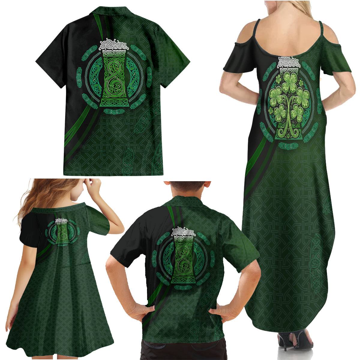 Beer Cup Pattern And Celtic Circle Green Family Matching Summer Maxi Dress and Hawaiian Shirt - Wonder Print Shop