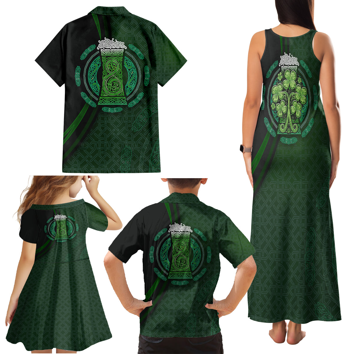 Beer Cup Pattern And Celtic Circle Green Family Matching Tank Maxi Dress and Hawaiian Shirt - Wonder Print Shop