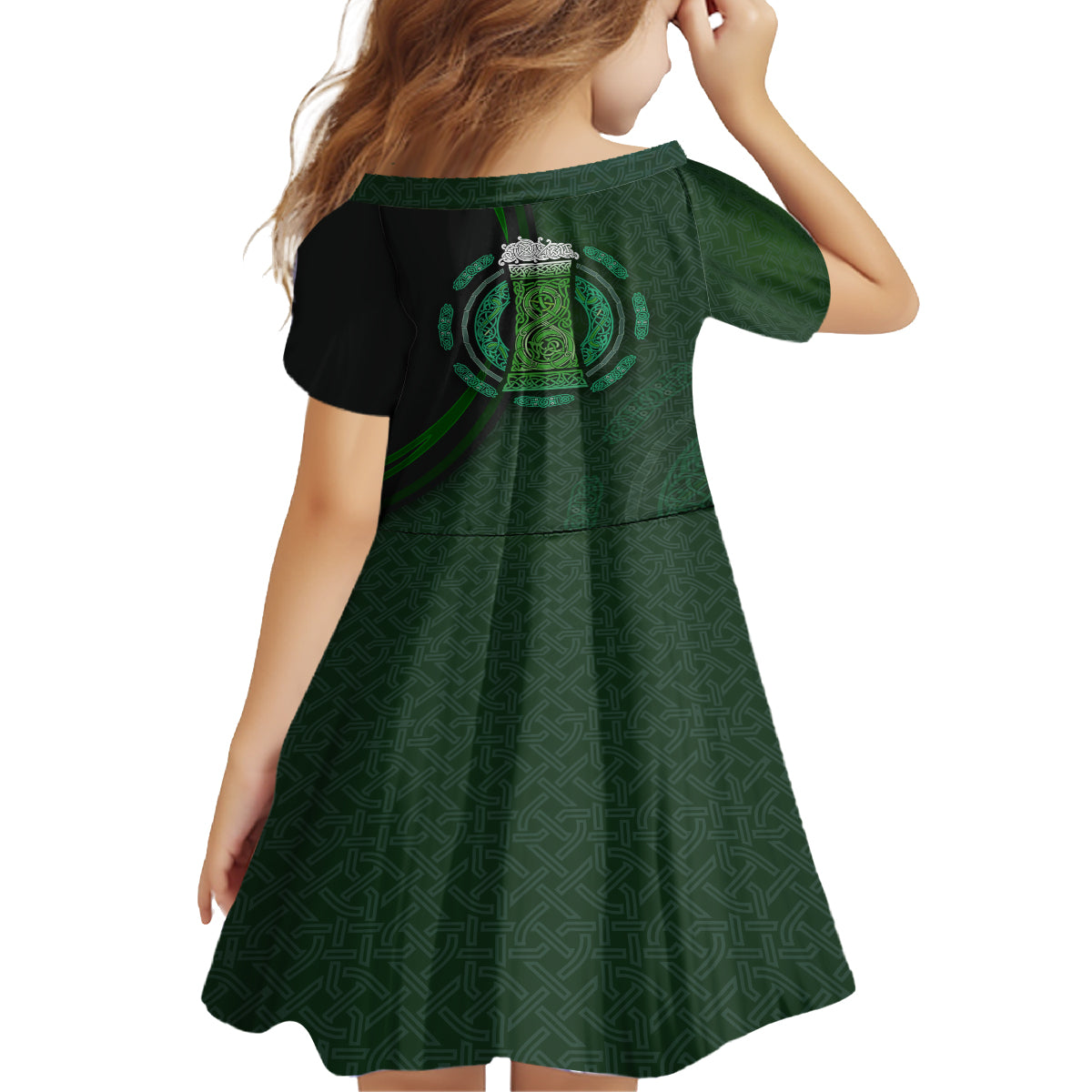 Beer Cup Pattern And Celtic Circle Green Kid Short Sleeve Dress - Wonder Print Shop