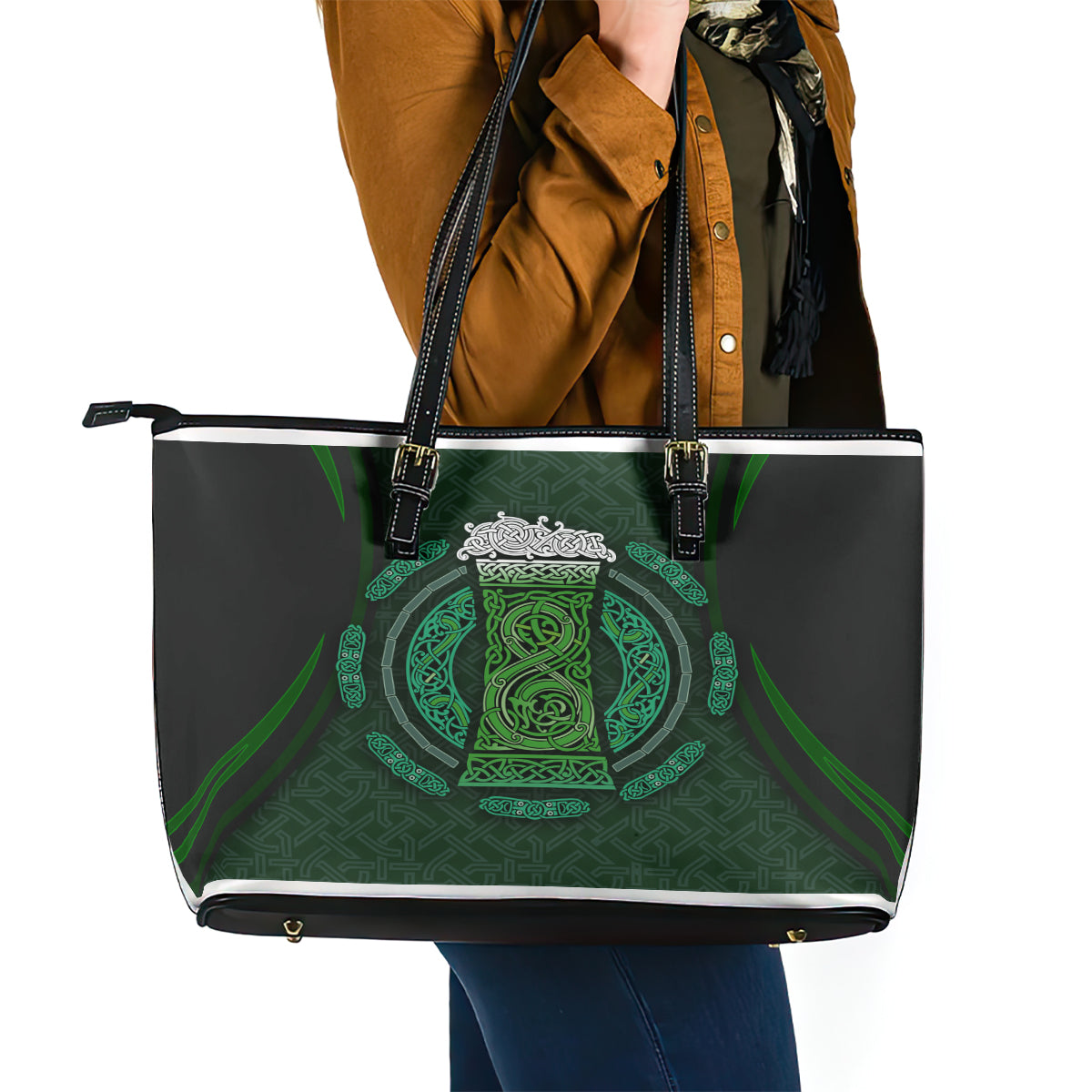 Beer Cup Pattern And Celtic Circle Green Leather Tote Bag - Wonder Print Shop