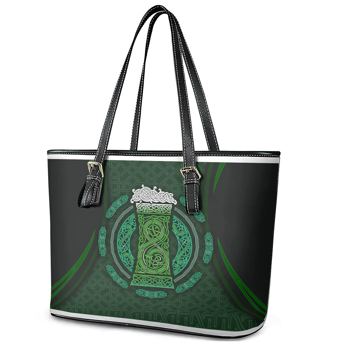 Beer Cup Pattern And Celtic Circle Green Leather Tote Bag - Wonder Print Shop