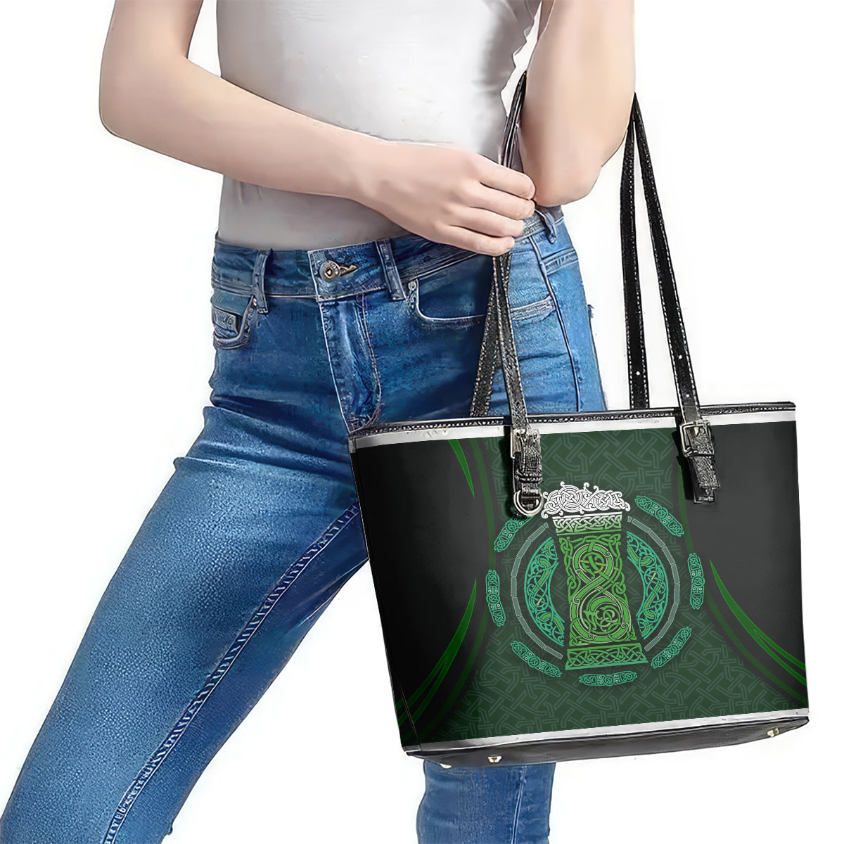 Beer Cup Pattern And Celtic Circle Green Leather Tote Bag - Wonder Print Shop