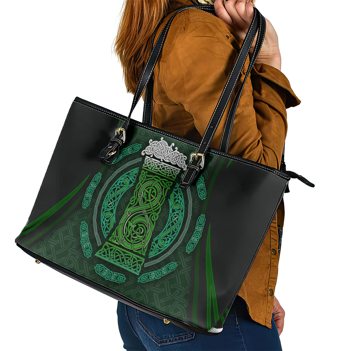 Beer Cup Pattern And Celtic Circle Green Leather Tote Bag - Wonder Print Shop