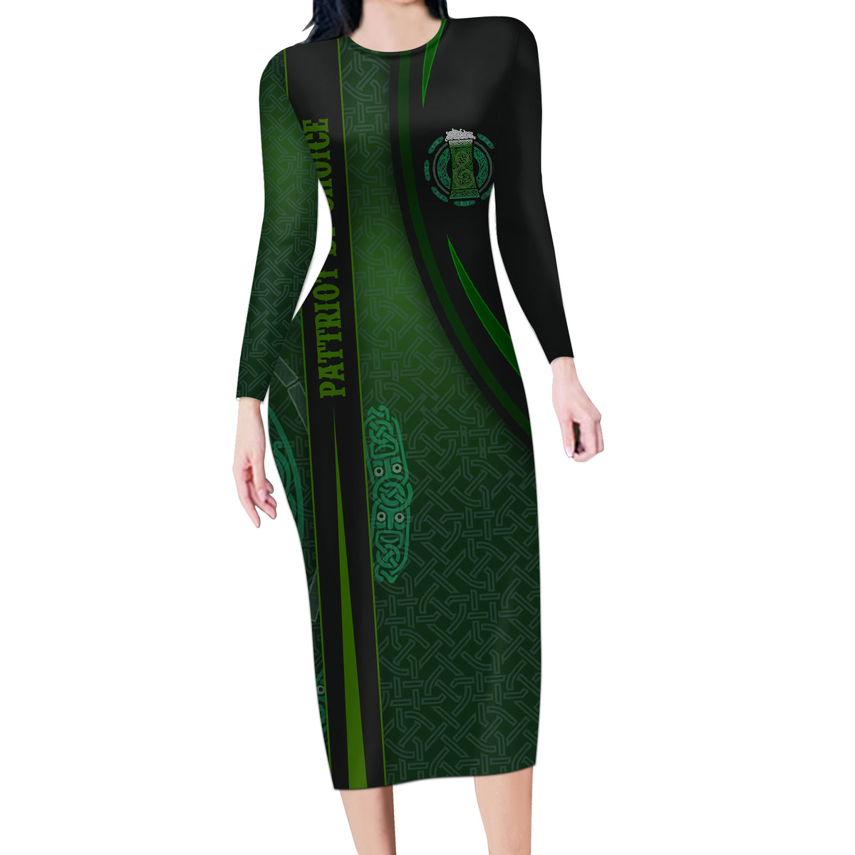 Beer Cup Pattern And Celtic Circle Green Long Sleeve Bodycon Dress - Wonder Print Shop