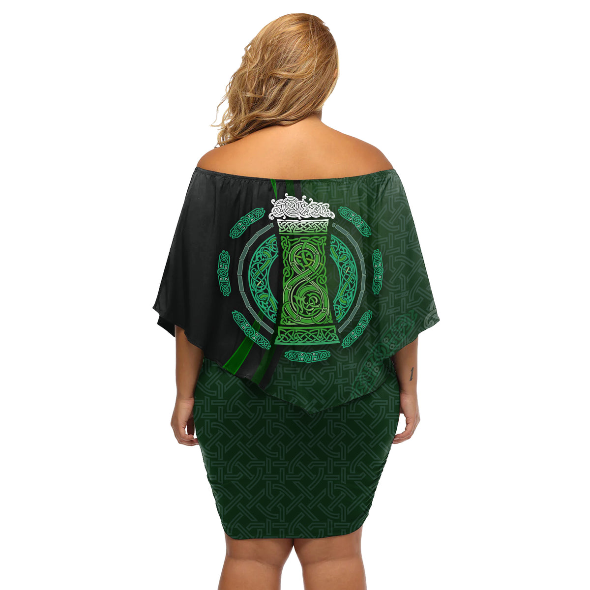 Beer Cup Pattern And Celtic Circle Green Off Shoulder Short Dress - Wonder Print Shop
