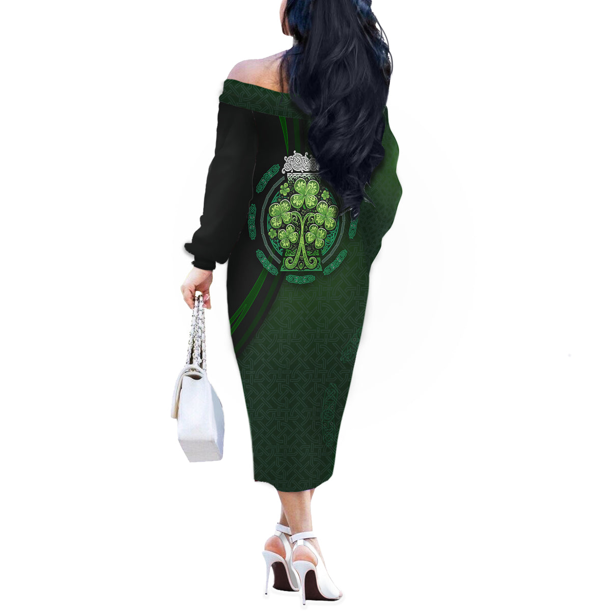 Beer Cup Pattern And Celtic Circle Green Off The Shoulder Long Sleeve Dress - Wonder Print Shop
