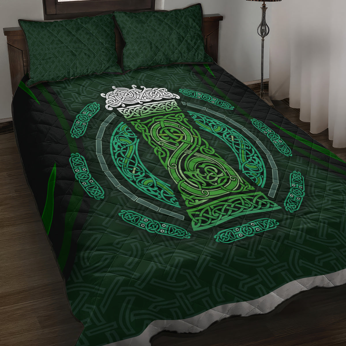 Beer Cup Pattern And Celtic Circle Green Quilt Bed Set - Wonder Print Shop