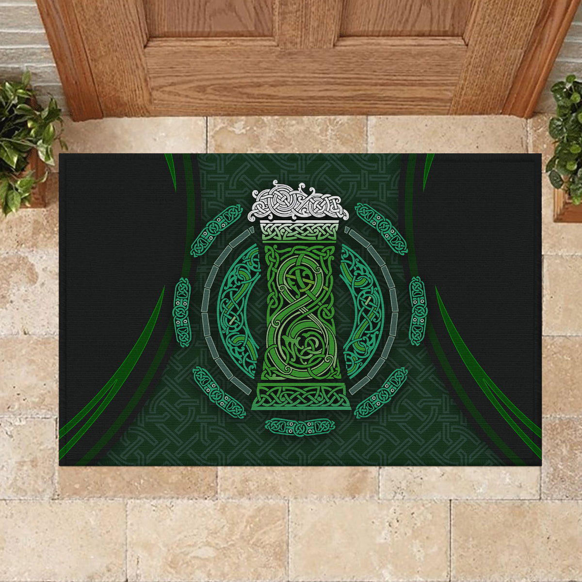 Beer Cup Pattern And Celtic Circle Green Rubber Doormat - Wonder Print Shop