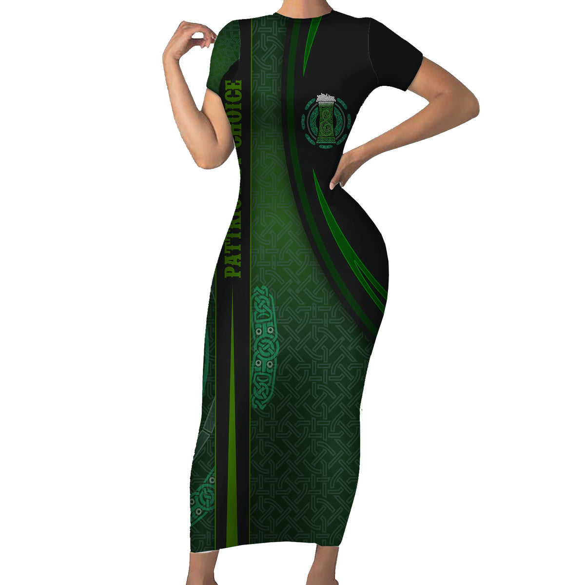 Beer Cup Pattern And Celtic Circle Green Short Sleeve Bodycon Dress - Wonder Print Shop