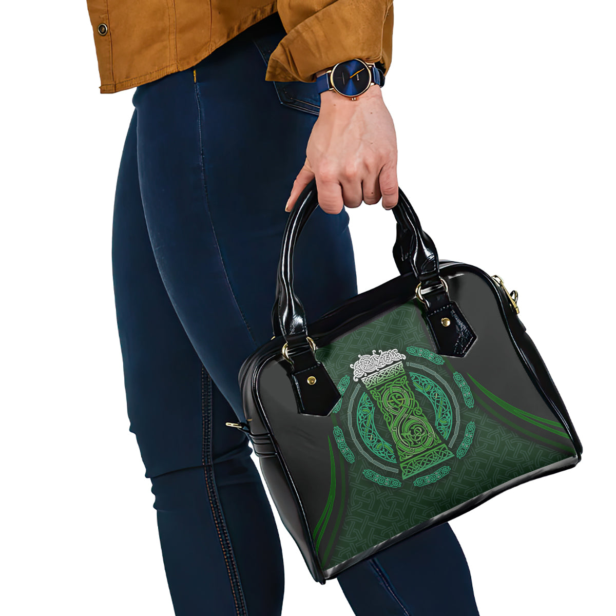Beer Cup Pattern And Celtic Circle Green Shoulder Handbag