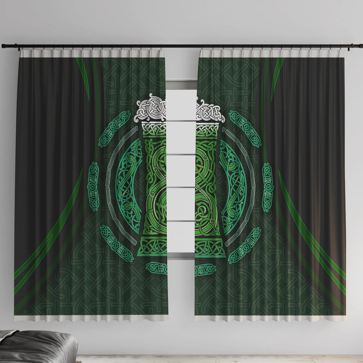 Beer Cup Pattern And Celtic Circle Green Window Curtain - Wonder Print Shop