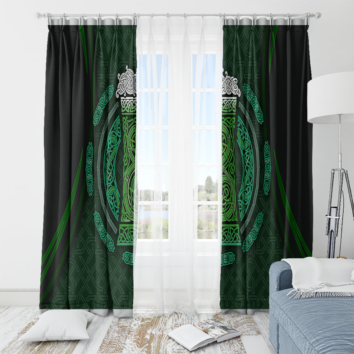 Beer Cup Pattern And Celtic Circle Green Window Curtain - Wonder Print Shop