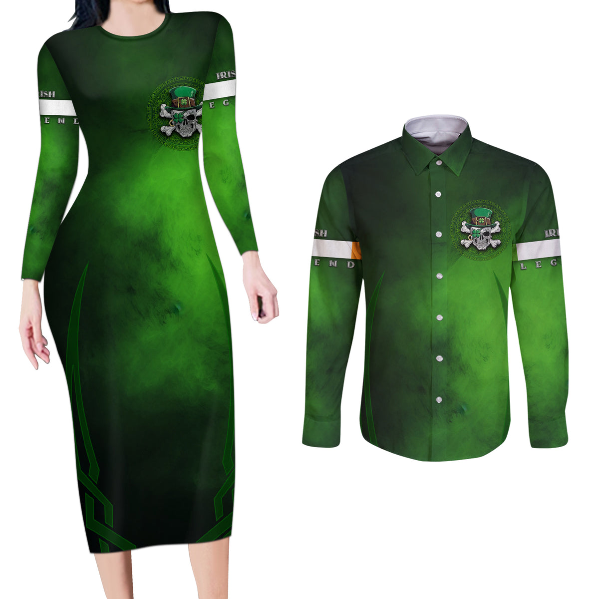 Irish Pride - Skull Cross Mix Couples Matching Long Sleeve Bodycon Dress and Long Sleeve Button Shirt - Wonder Print Shop