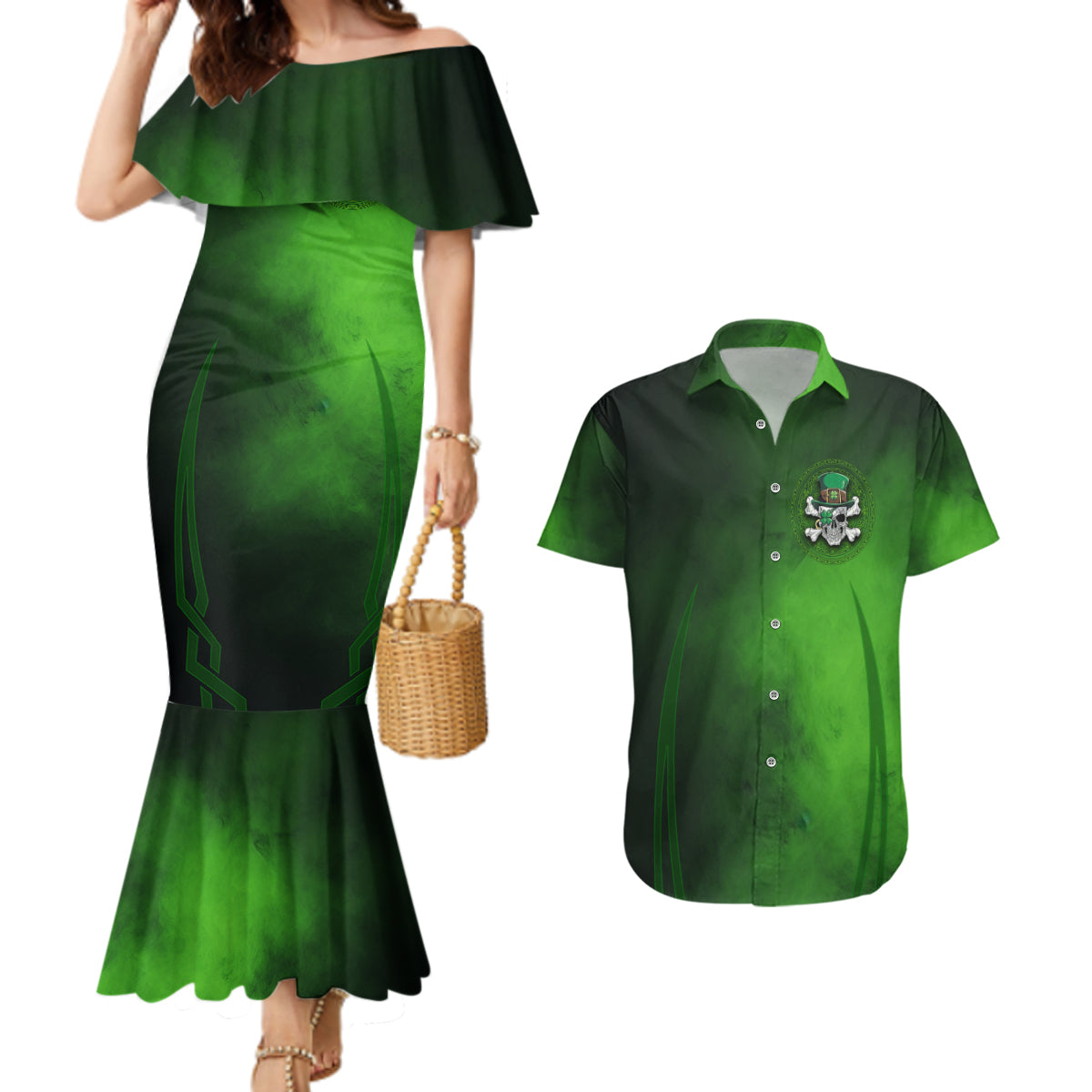 Irish Pride - Skull Cross Mix Couples Matching Mermaid Dress and Hawaiian Shirt - Wonder Print Shop
