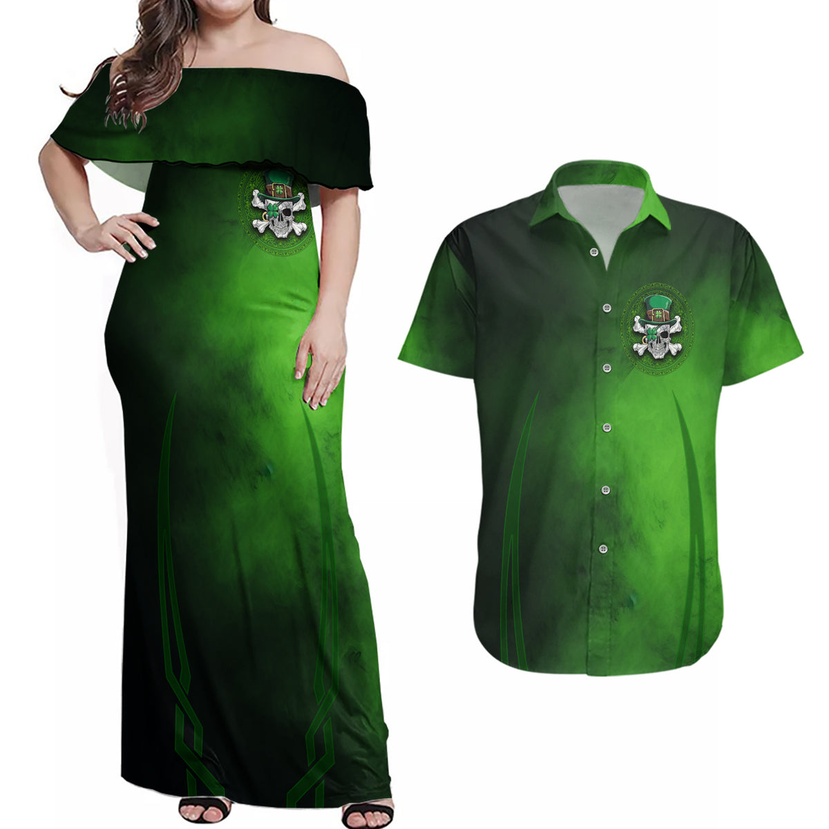 Irish Pride - Skull Cross Mix Couples Matching Off Shoulder Maxi Dress and Hawaiian Shirt - Wonder Print Shop