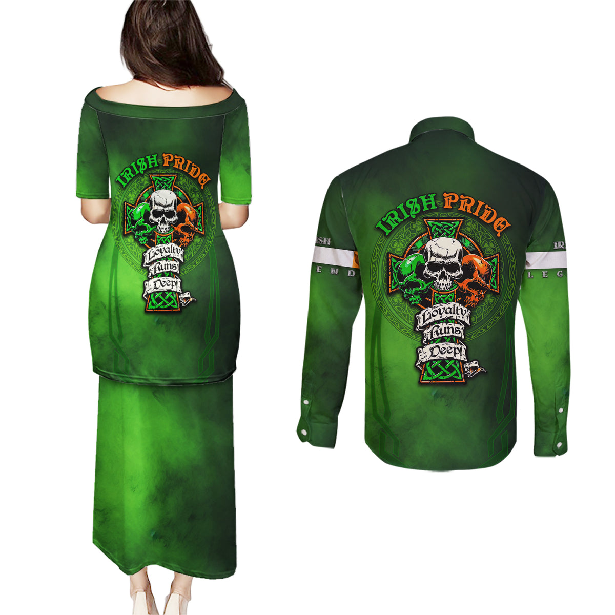 Irish Pride - Skull Cross Mix Couples Matching Puletasi and Long Sleeve Button Shirt - Wonder Print Shop