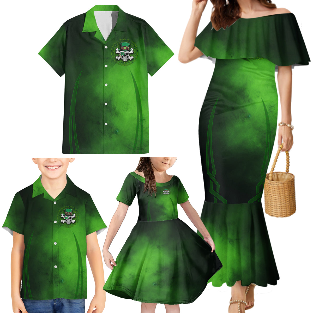 Irish Pride - Skull Cross Mix Family Matching Mermaid Dress and Hawaiian Shirt - Wonder Print Shop