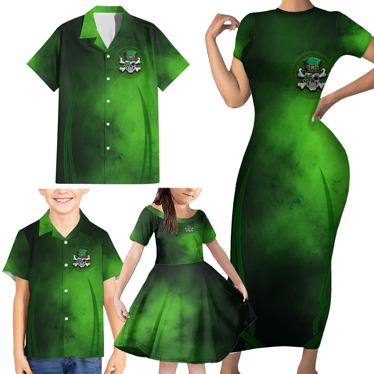 Irish Pride - Skull Cross Mix Family Matching Short Sleeve Bodycon Dress and Hawaiian Shirt - Wonder Print Shop