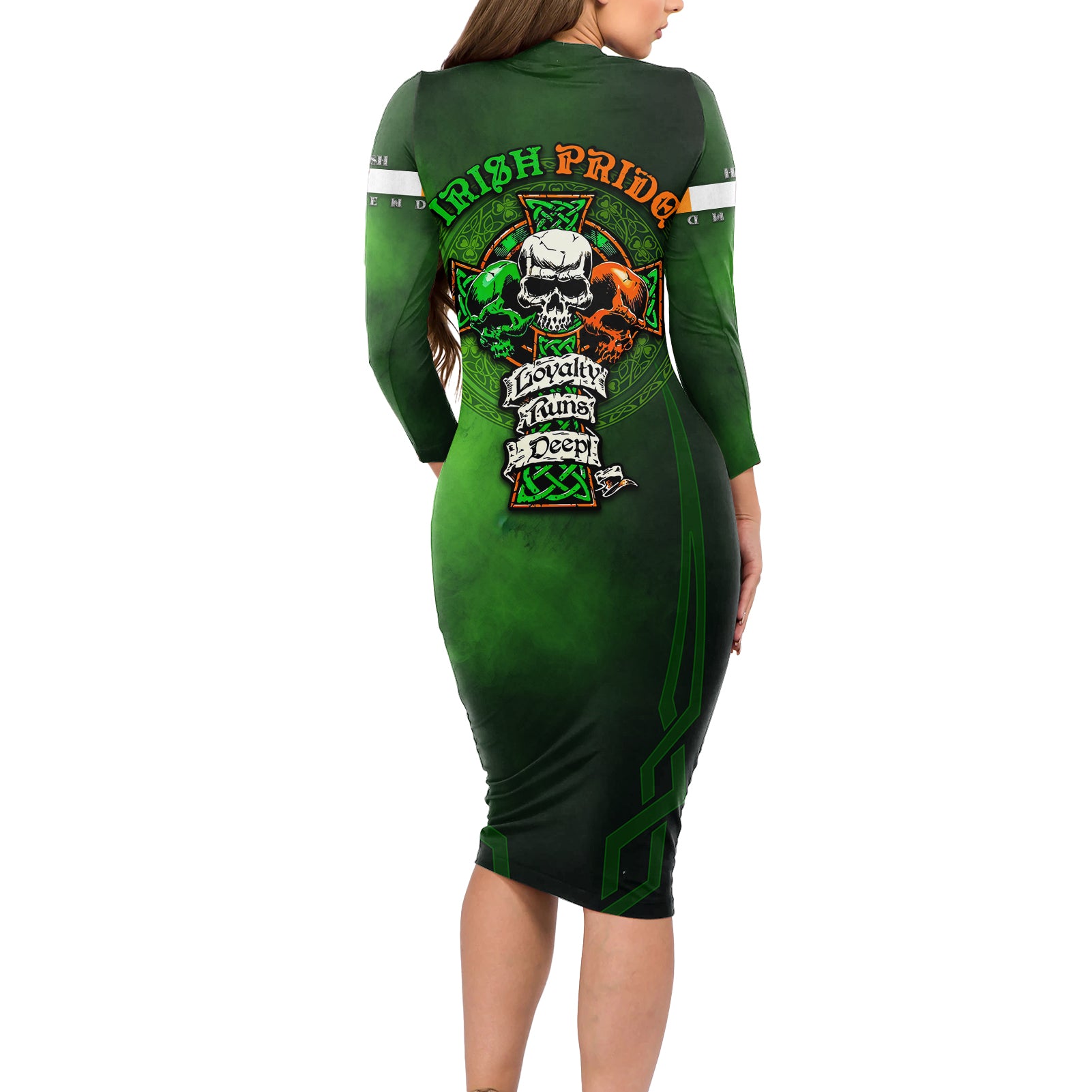 Irish Pride - Skull Cross Mix Long Sleeve Bodycon Dress - Wonder Print Shop