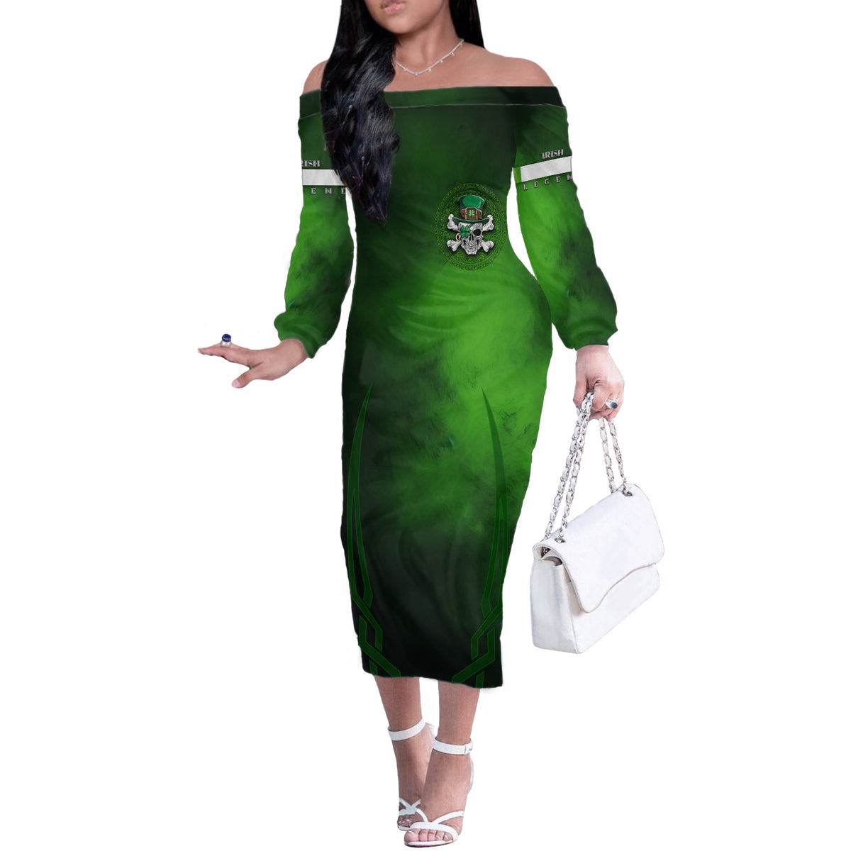 Irish Pride - Skull Cross Mix Off The Shoulder Long Sleeve Dress - Wonder Print Shop