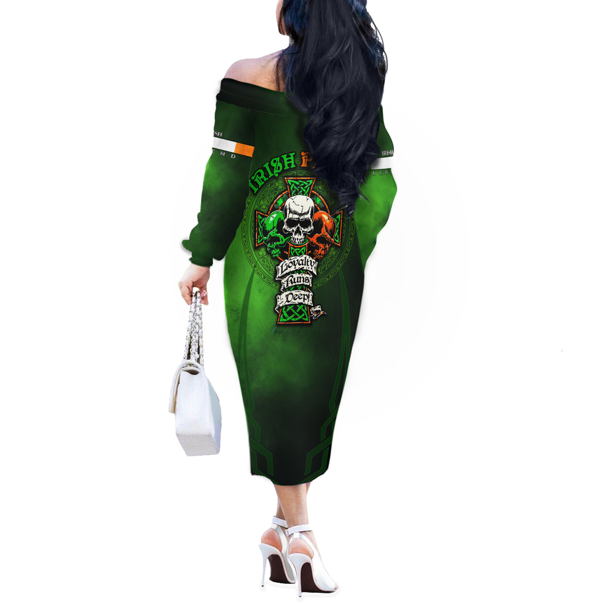 Irish Pride - Skull Cross Mix Off The Shoulder Long Sleeve Dress - Wonder Print Shop