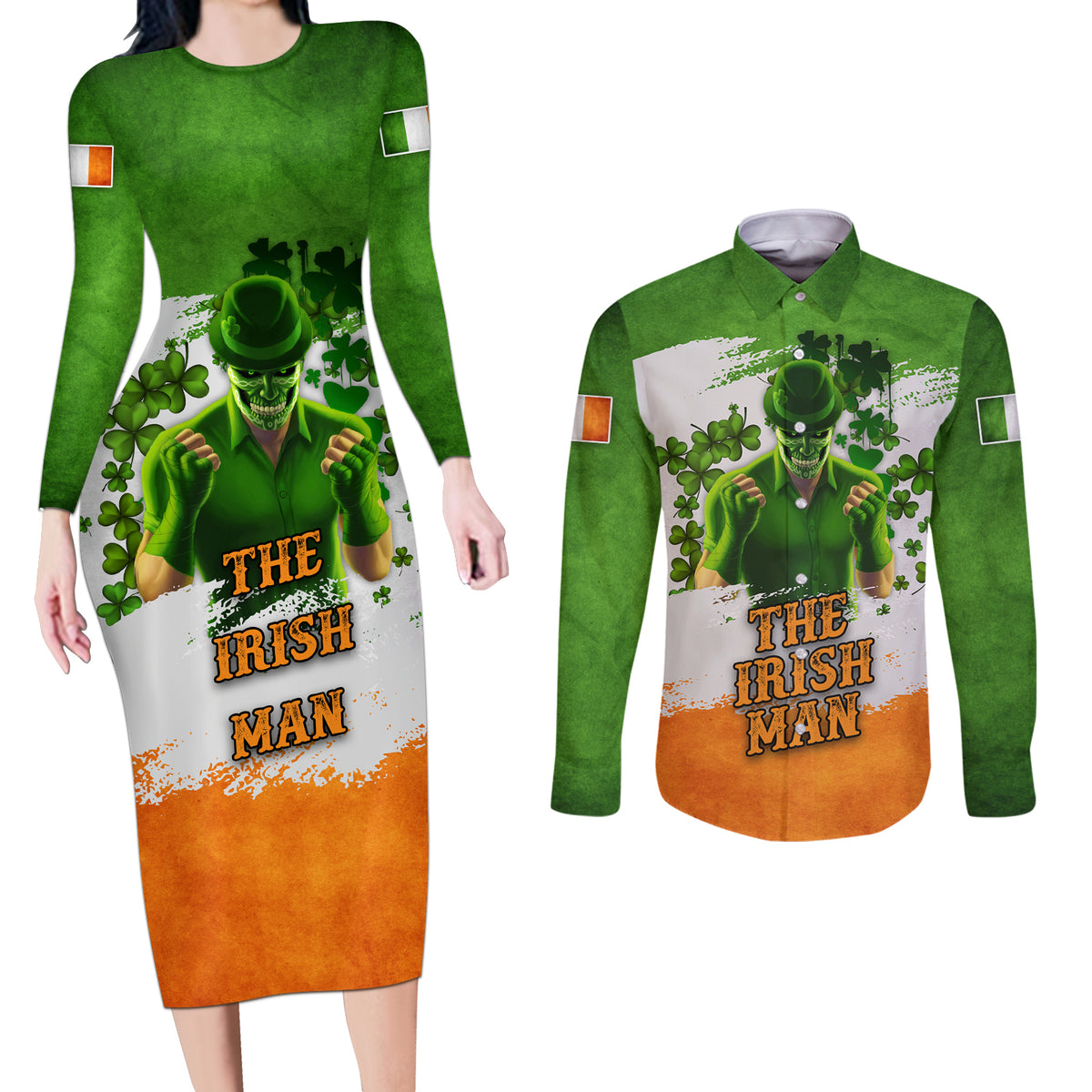 The Irish Man Couples Matching Long Sleeve Bodycon Dress and Long Sleeve Button Shirt - Wonder Print Shop