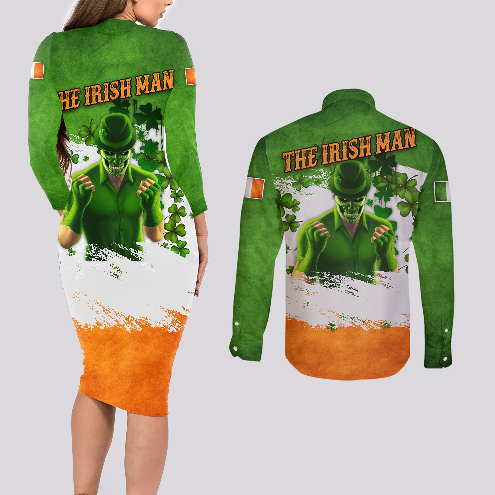 The Irish Man Couples Matching Long Sleeve Bodycon Dress and Long Sleeve Button Shirt - Wonder Print Shop