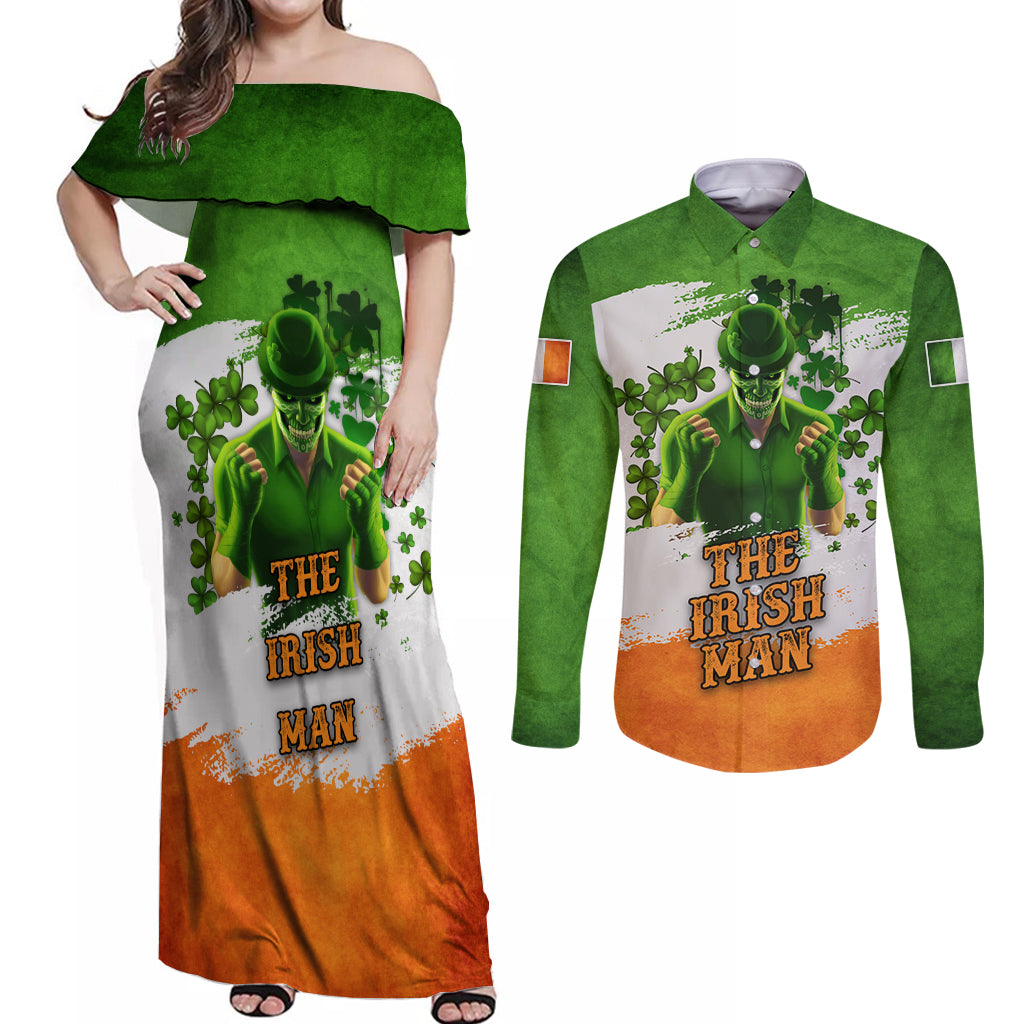 The Irish Man Couples Matching Off Shoulder Maxi Dress and Long Sleeve Button Shirt - Wonder Print Shop