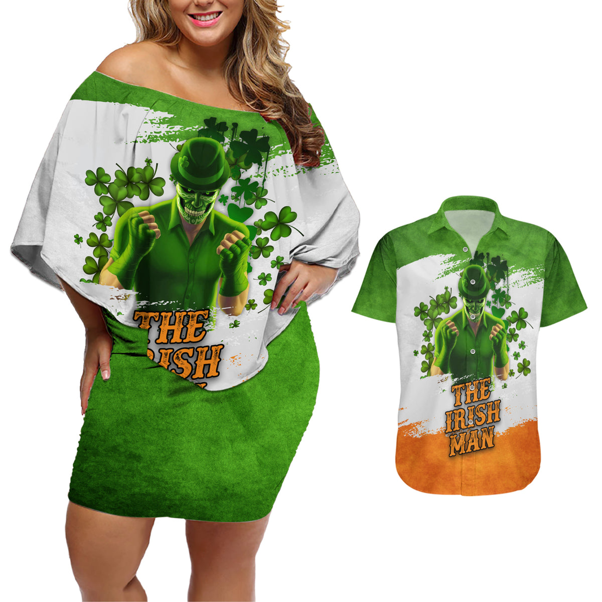 The Irish Man Couples Matching Off Shoulder Short Dress and Hawaiian Shirt - Wonder Print Shop