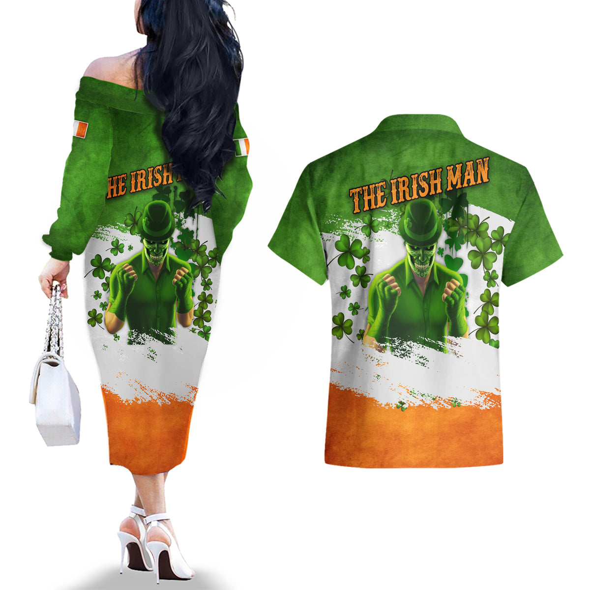 The Irish Man Couples Matching Off The Shoulder Long Sleeve Dress and Hawaiian Shirt - Wonder Print Shop