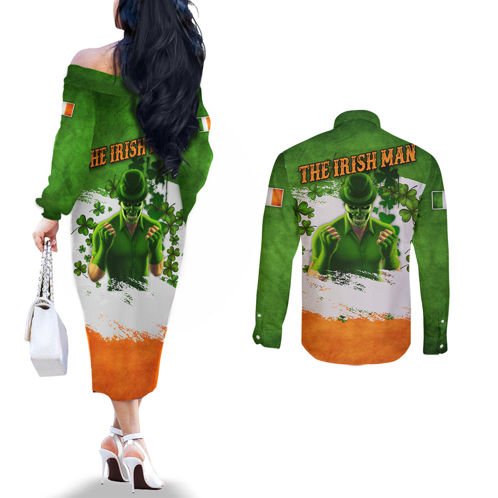 The Irish Man Couples Matching Off The Shoulder Long Sleeve Dress and Long Sleeve Button Shirt