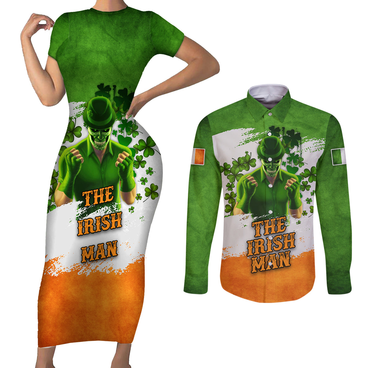 The Irish Man Couples Matching Short Sleeve Bodycon Dress and Long Sleeve Button Shirt - Wonder Print Shop
